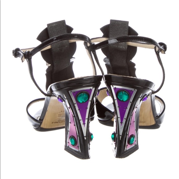 Yves Saint Laurent Patent Leather Crystal Embellishments T-Strap Sandals - Picture 2 of 8